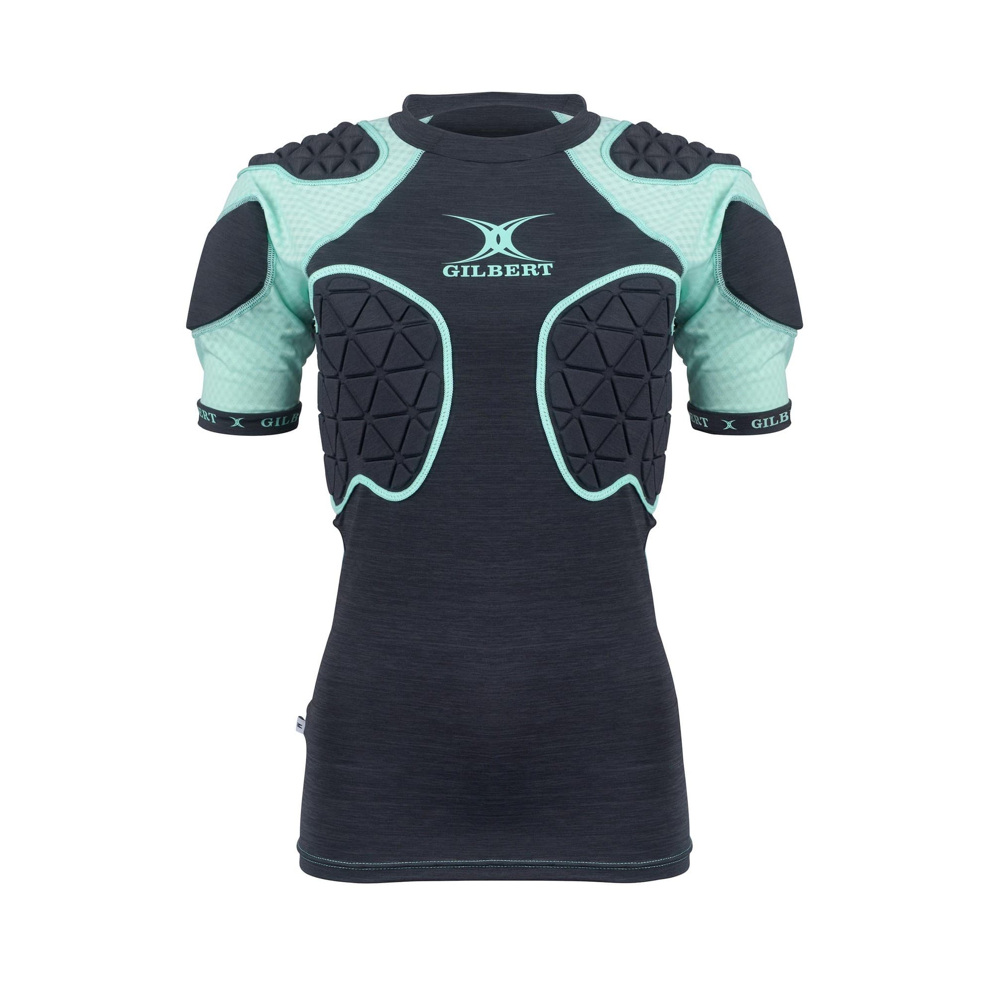 Black women's body armour by Gilbert Rugby, featuring a fitted design with light blue padded shoulder and chest protection, made from breathable material for comfort and mobility.