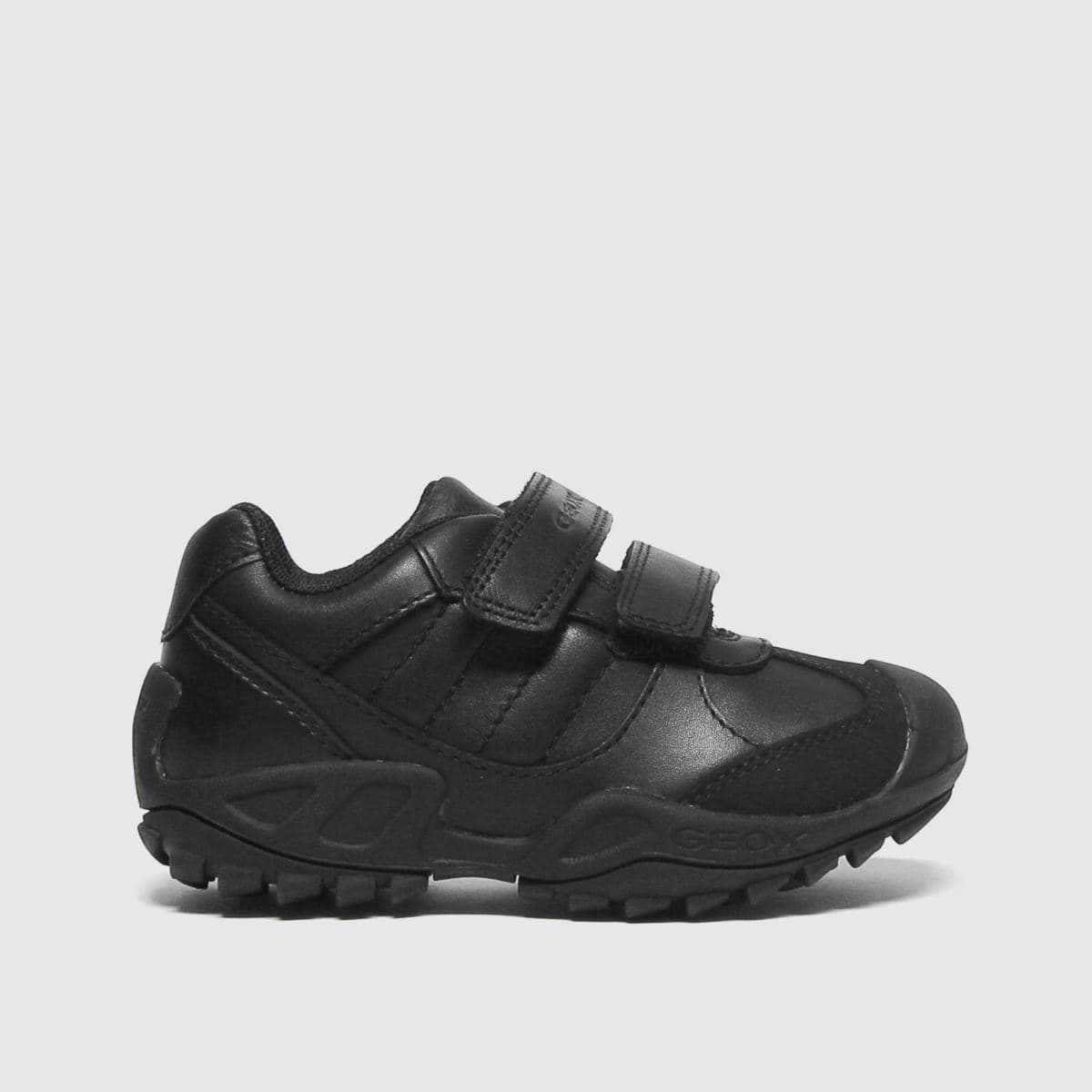 Black Geox N.Savage girl trainers featuring a sturdy design, two adjustable Velcro straps, and a textured rubber sole for enhanced grip and comfort.