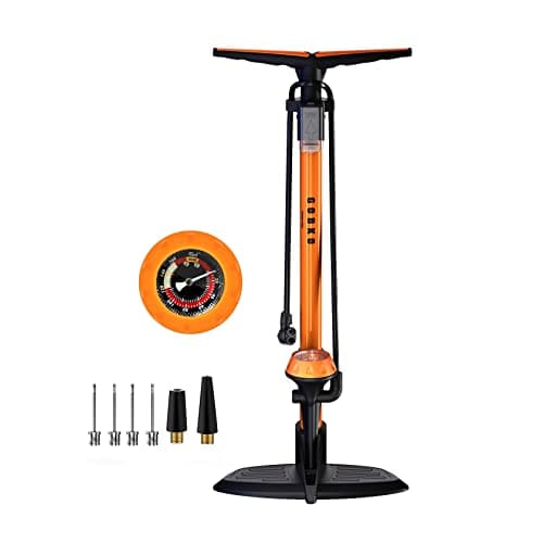 Black and orange floor pump with a pressure gauge, compatible with Presta and Schrader valves, featuring a sturdy base and multiple nozzle attachments for versatile inflation.