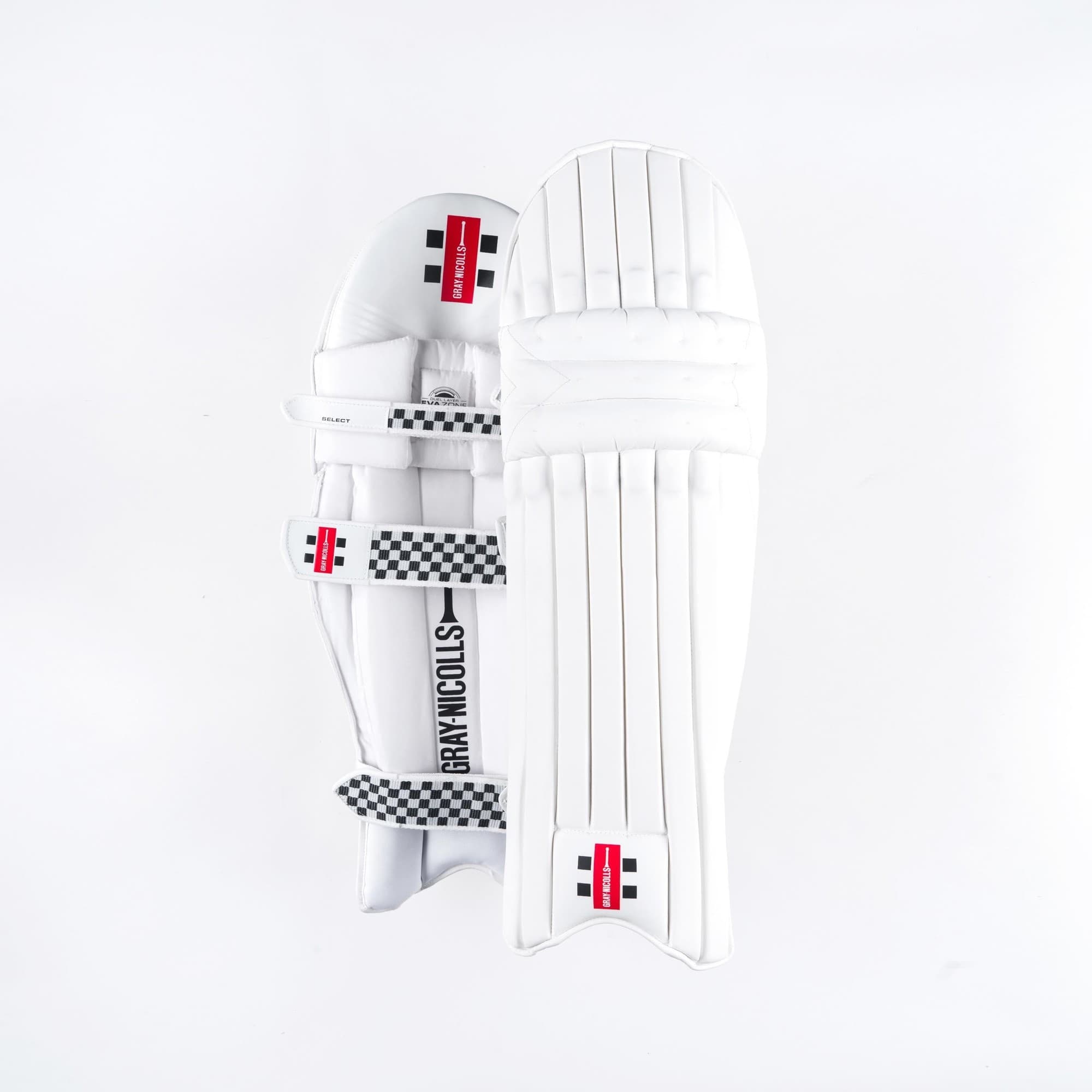 Gray-Nicolls Classic Select Batting Pads in white with multicolour accents, featuring a sleek design, padded protection, and adjustable straps for a secure fit.