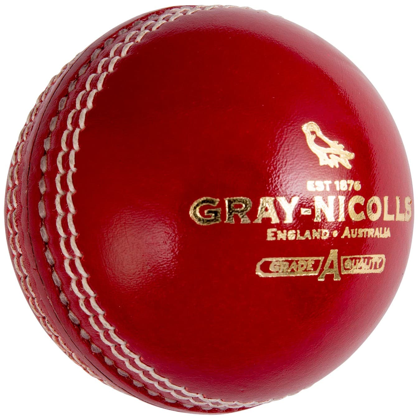 Red leather cricket ball with white stitching, featuring the Gray-Nicolls logo and "EST 1876" text, designed for the Crest Academy.