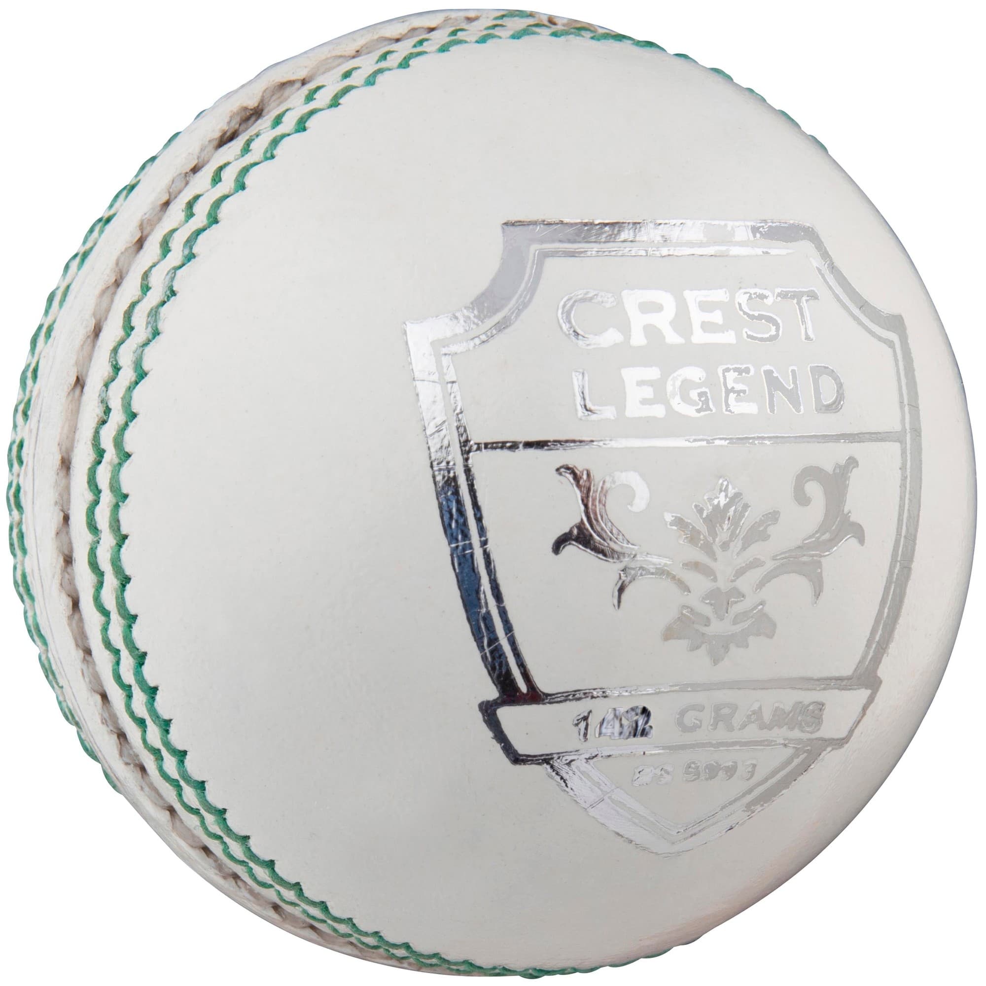 White cricket ball with green stitching, featuring a silver embossed "CREST LEGEND" shield logo, weighing 112 grams, designed by Gray-Nicolls.