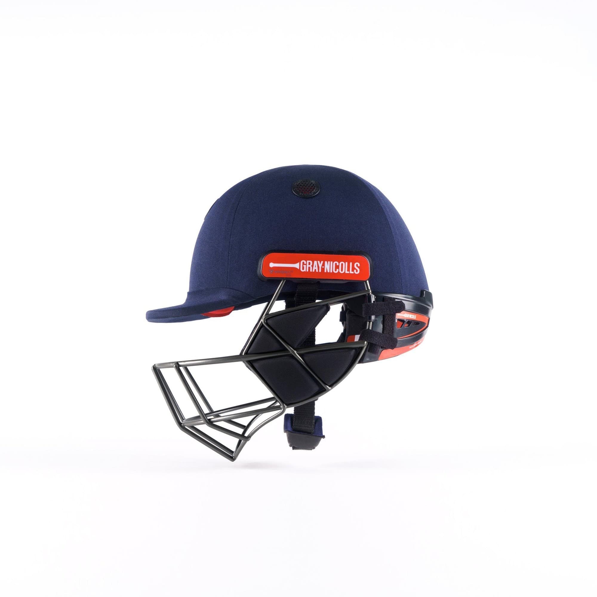 Gray-Nicolls Evo Cricket Helmet in navy blue with a red and white logo, featuring a durable plastic grille and adjustable straps for a secure fit.