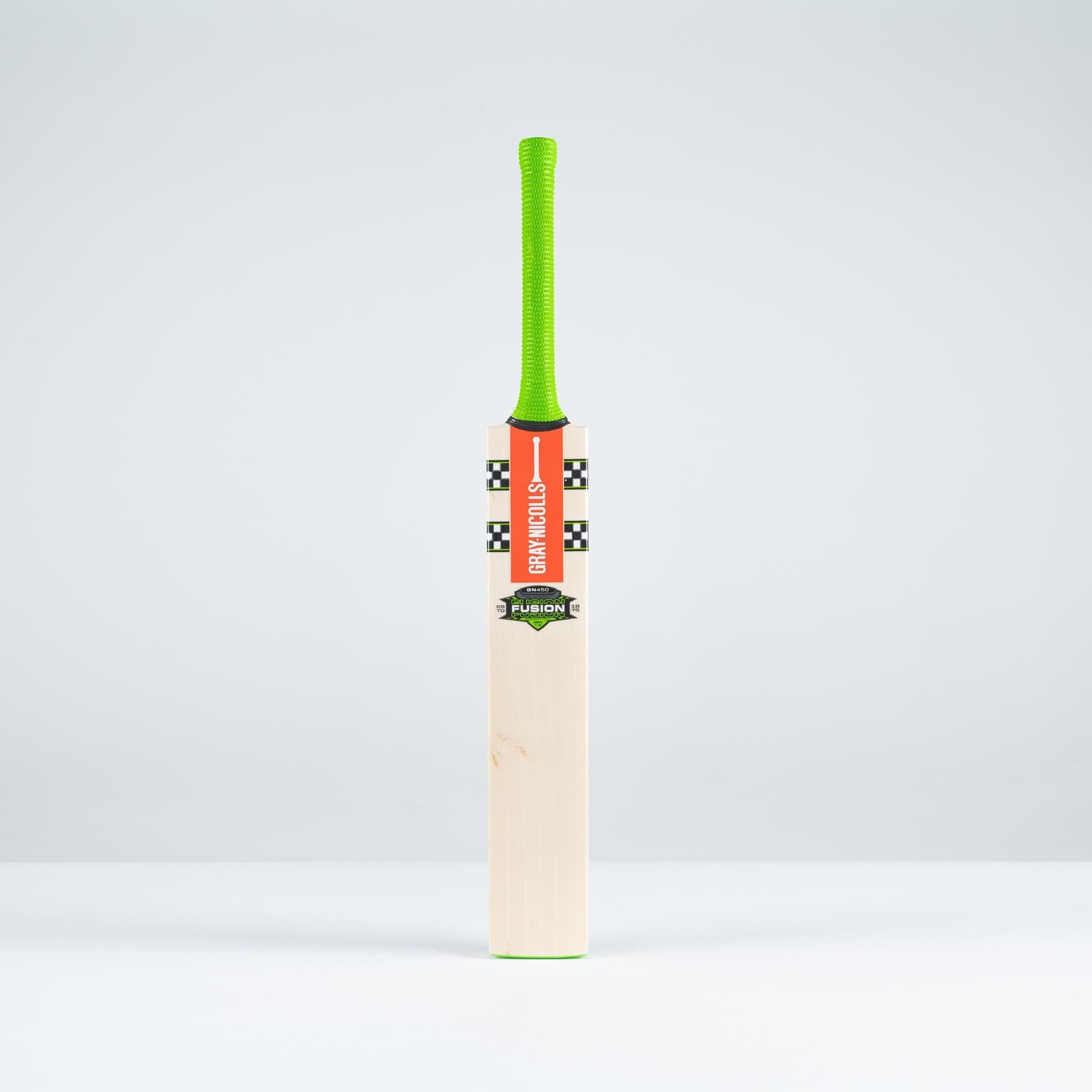 Gray-Nicolls Fusion GN450 adult cricket bat with a light wooden blade, vibrant orange and black branding, and a bright green rubber grip on the handle.