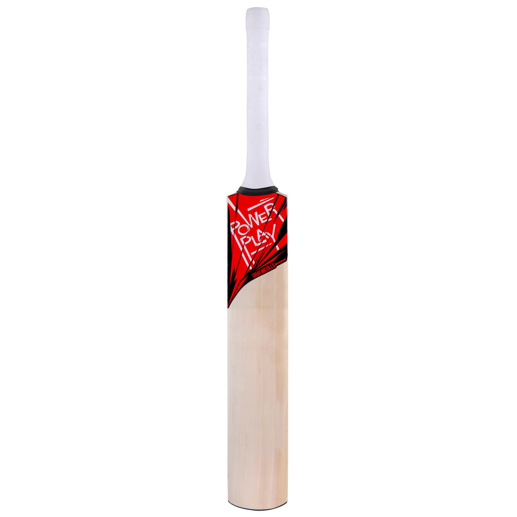 Gray-Nicolls PowerPlay plastic cricket bat in yellow, featuring a smooth wooden finish, a white grip handle, and a bold red and white logo on the blade.