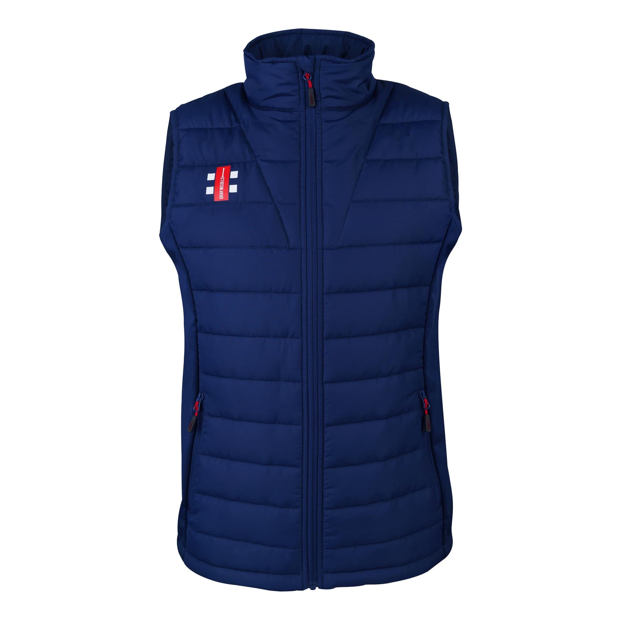 Black Gray-Nicolls Pro Performance Bodywarmer featuring a quilted design, high collar, zip front, and contrasting red accents.