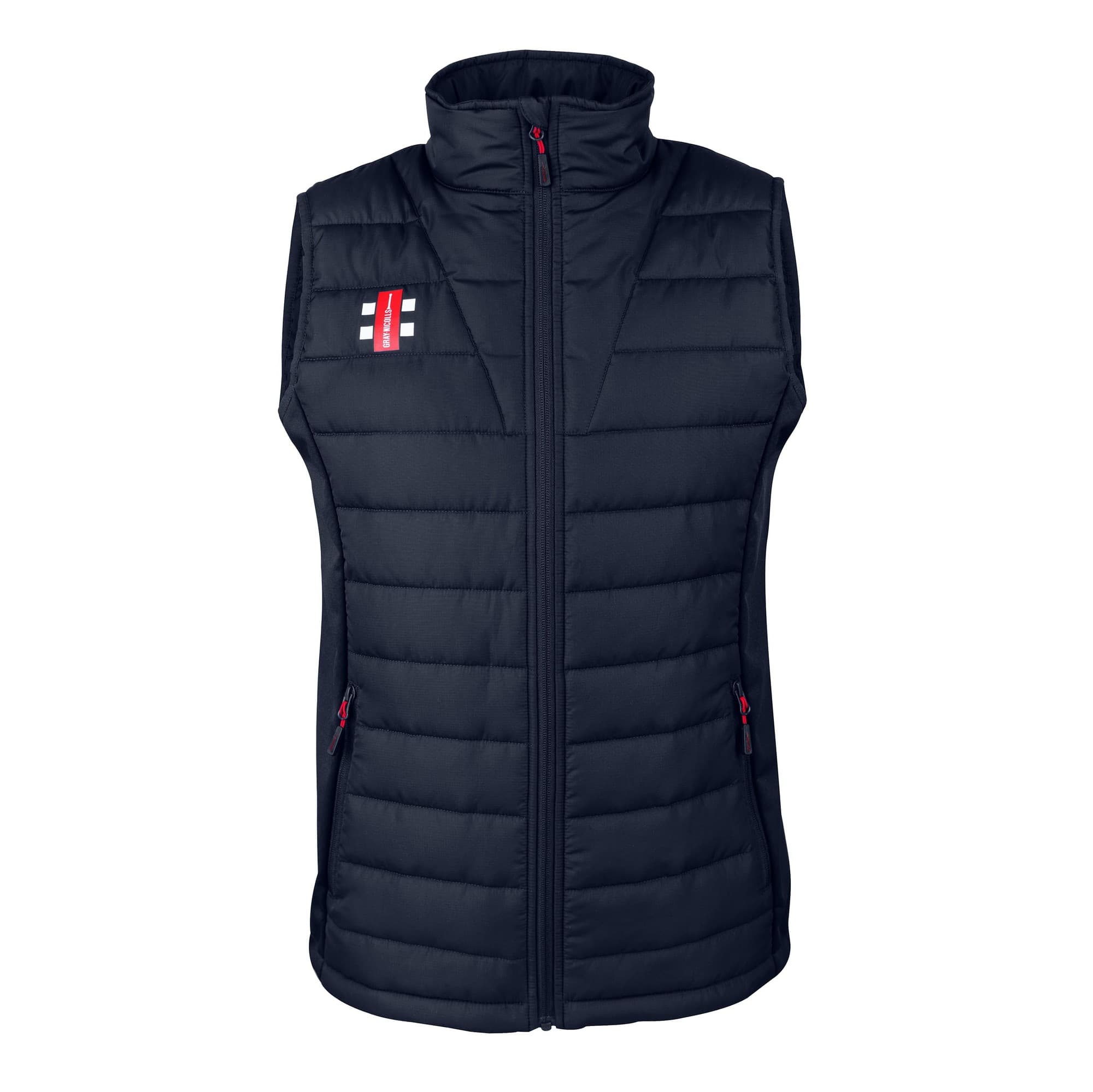 Black Gray-Nicolls Pro Performance bodywarmer featuring a quilted design, high collar, zip front, and red accents with side pockets.