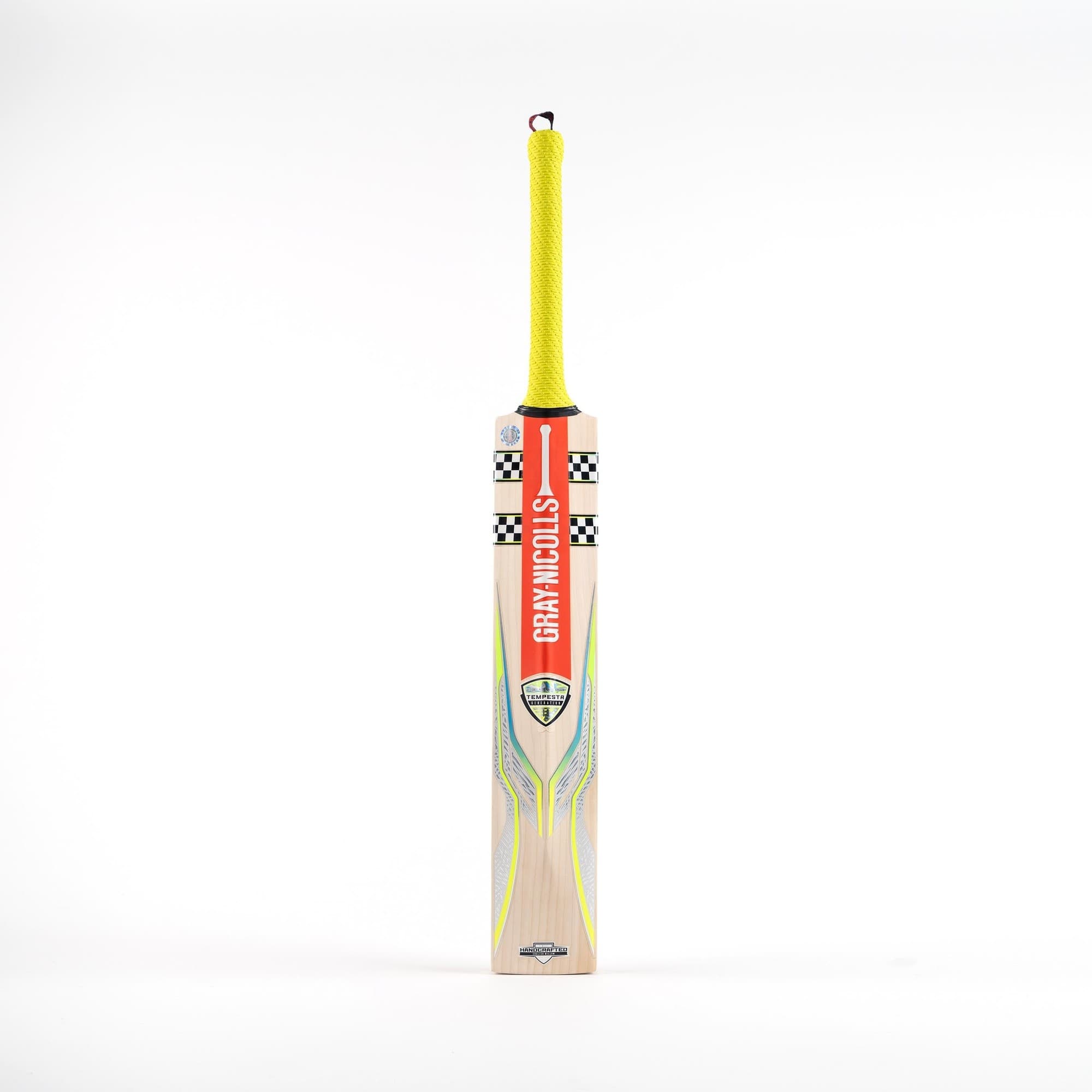 Gray-Nicolls Tempesta 1.0 Academy Junior Cricket Bat in yellow with a textured grip, featuring a prominent logo, checkerboard design, and a sleek, lightweight wooden body.