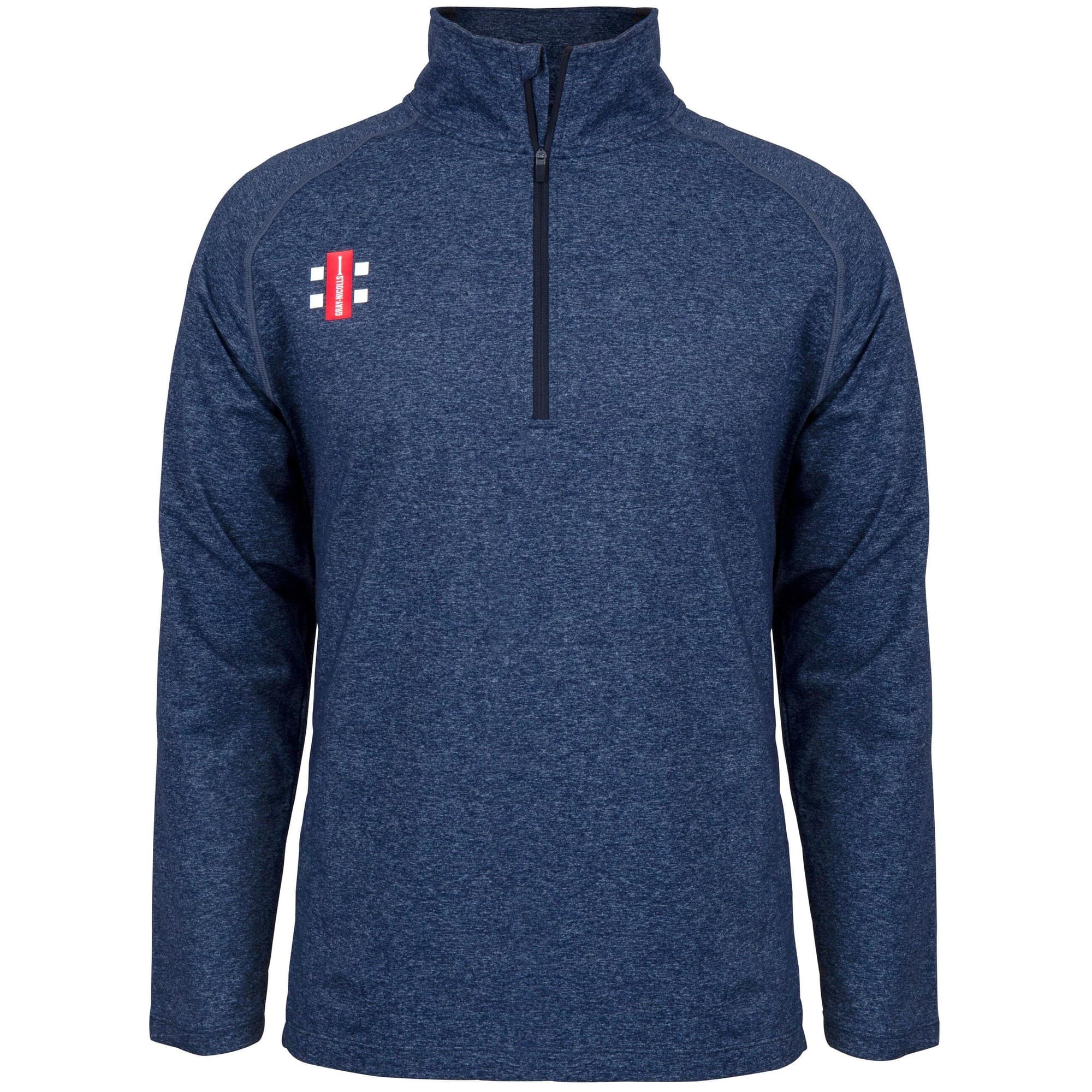Black mid-layer pullover with a quarter zip, featuring a red and white logo on the left chest, made from a soft, breathable material suitable for athletic wear.
