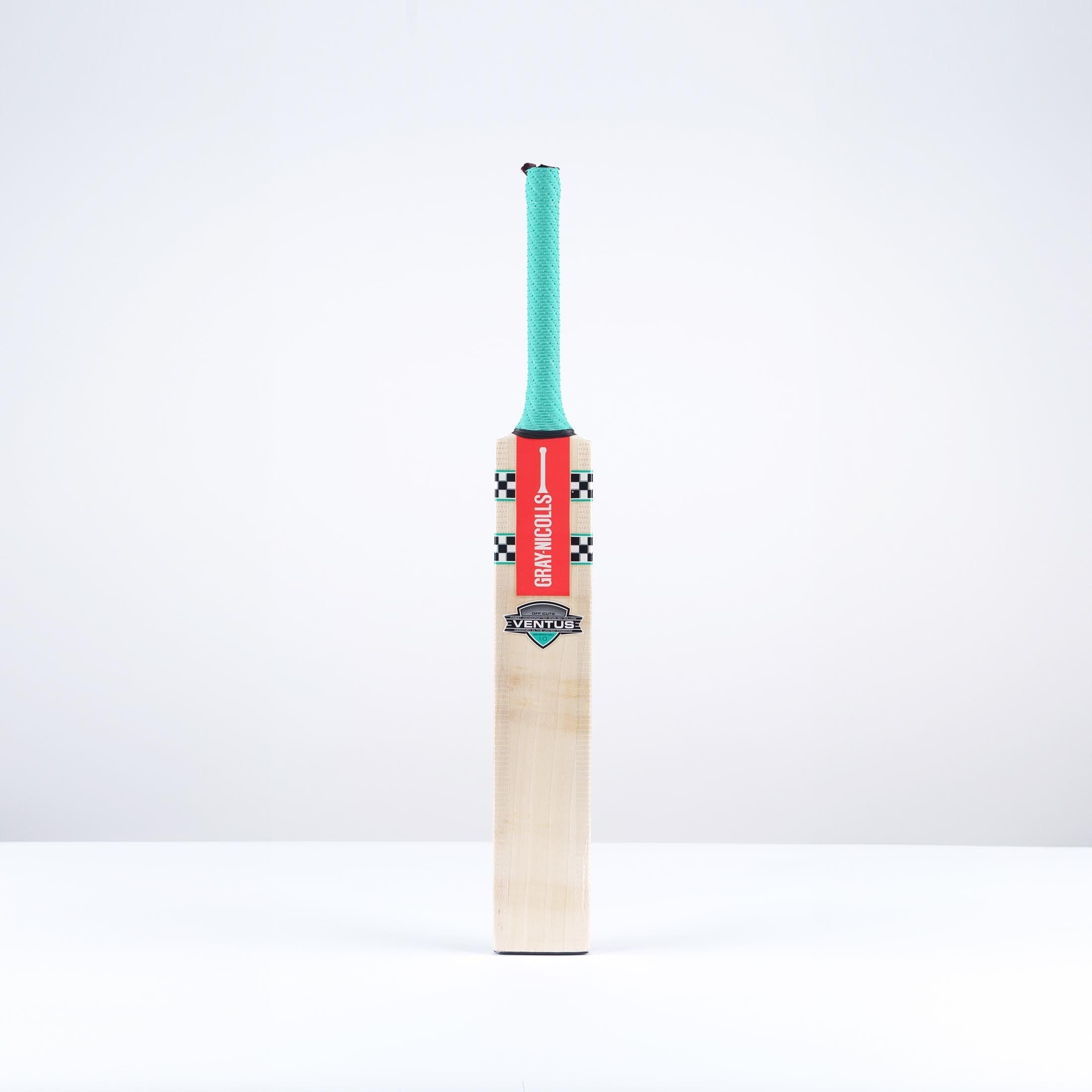 Gray-Nicolls Ventus 1.0 Off Cuts Junior cricket bat featuring a light wood blade, vibrant turquoise grip, and a red and black branded sticker.