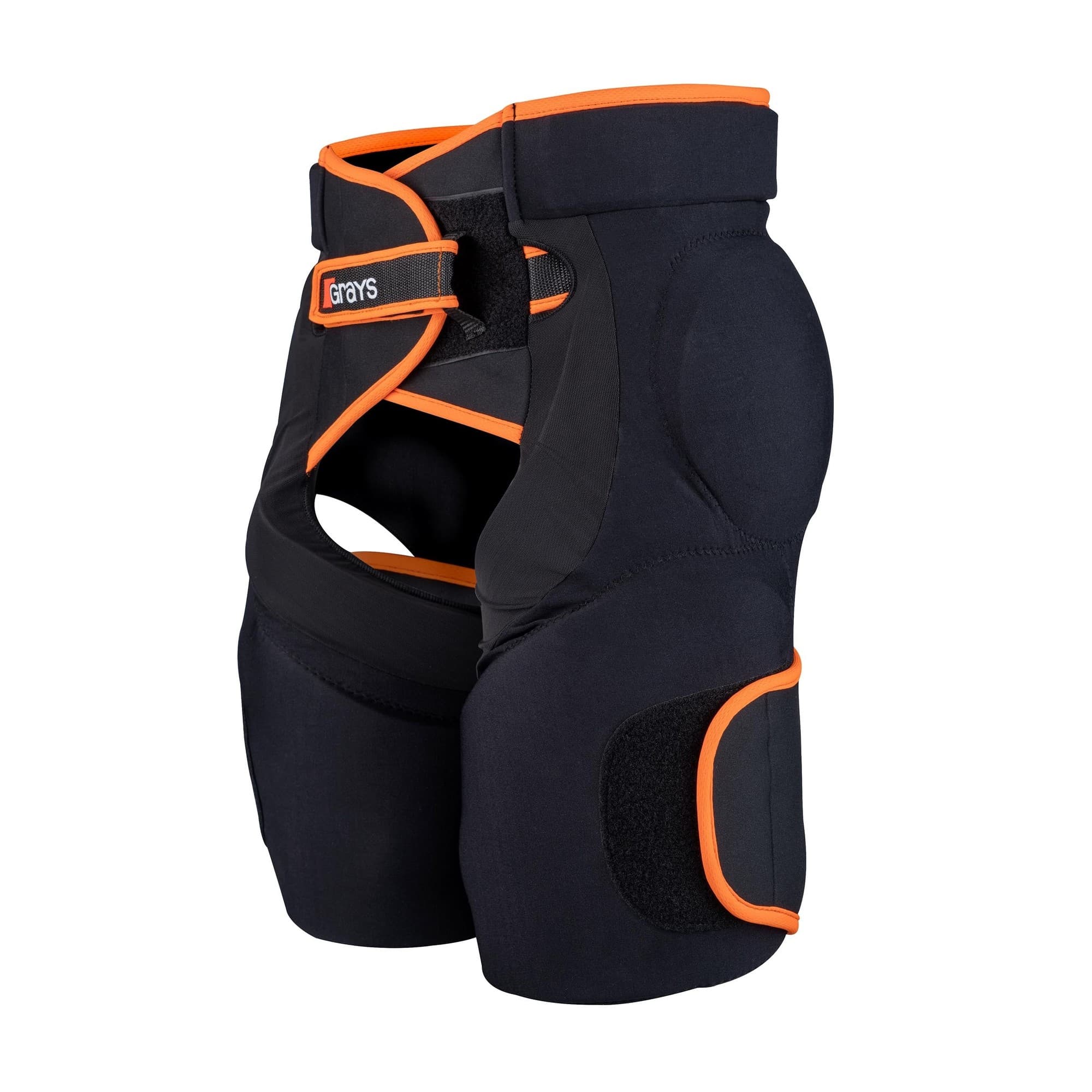 Black padded shorts with orange accents, featuring adjustable straps, reinforced knee protection, and a sleek design, ideal for hockey players.