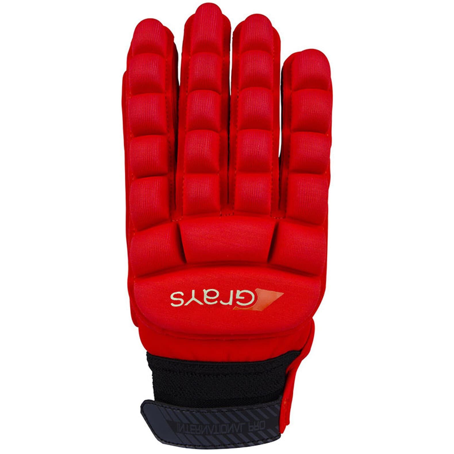 White hockey gloves by Grays International, featuring a padded design for protection, adjustable wrist strap, and a textured grip for enhanced performance on the field.