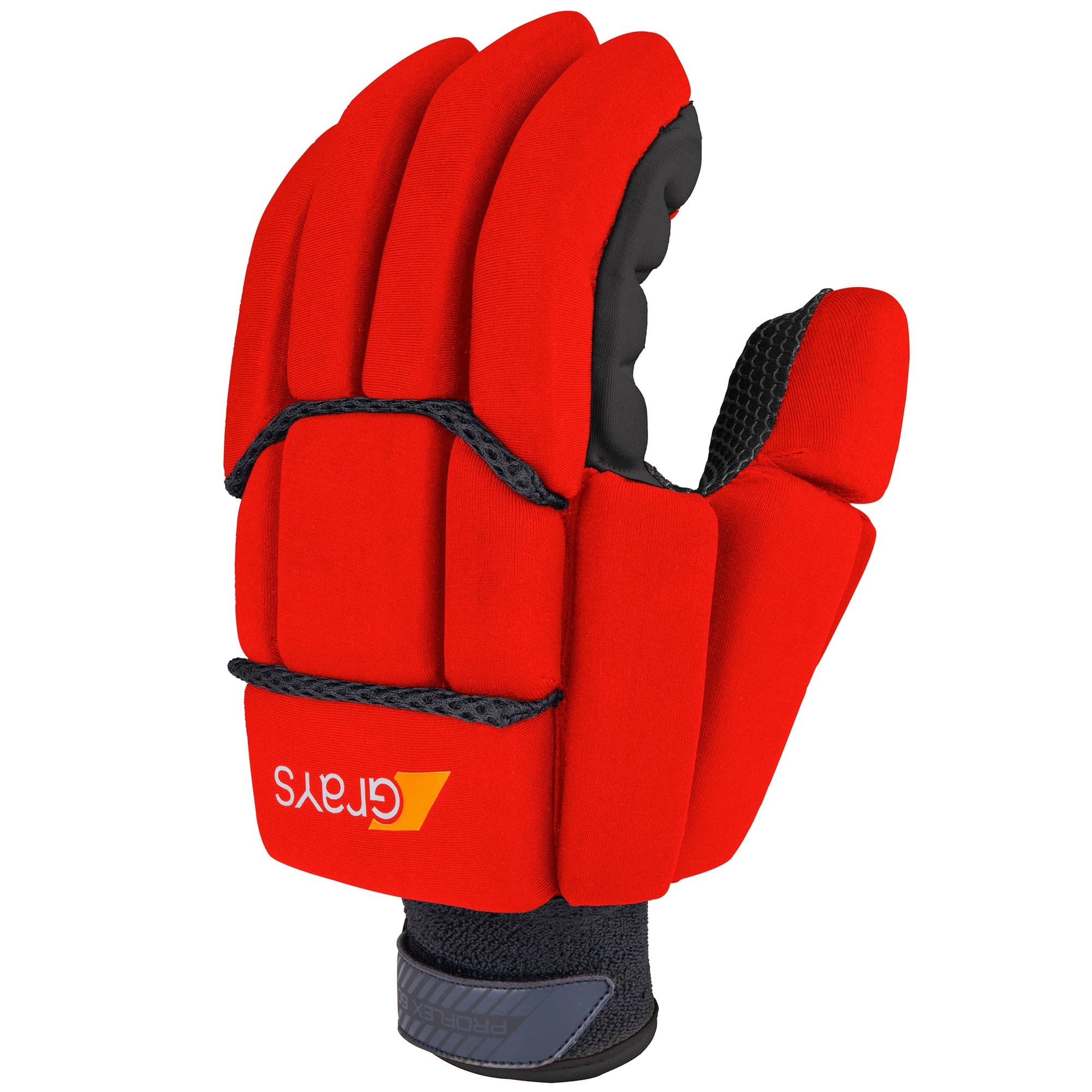 Red Grays Proflex 1000 gloves featuring padded protection, a textured grip, and a secure wrist strap, designed for hockey players.