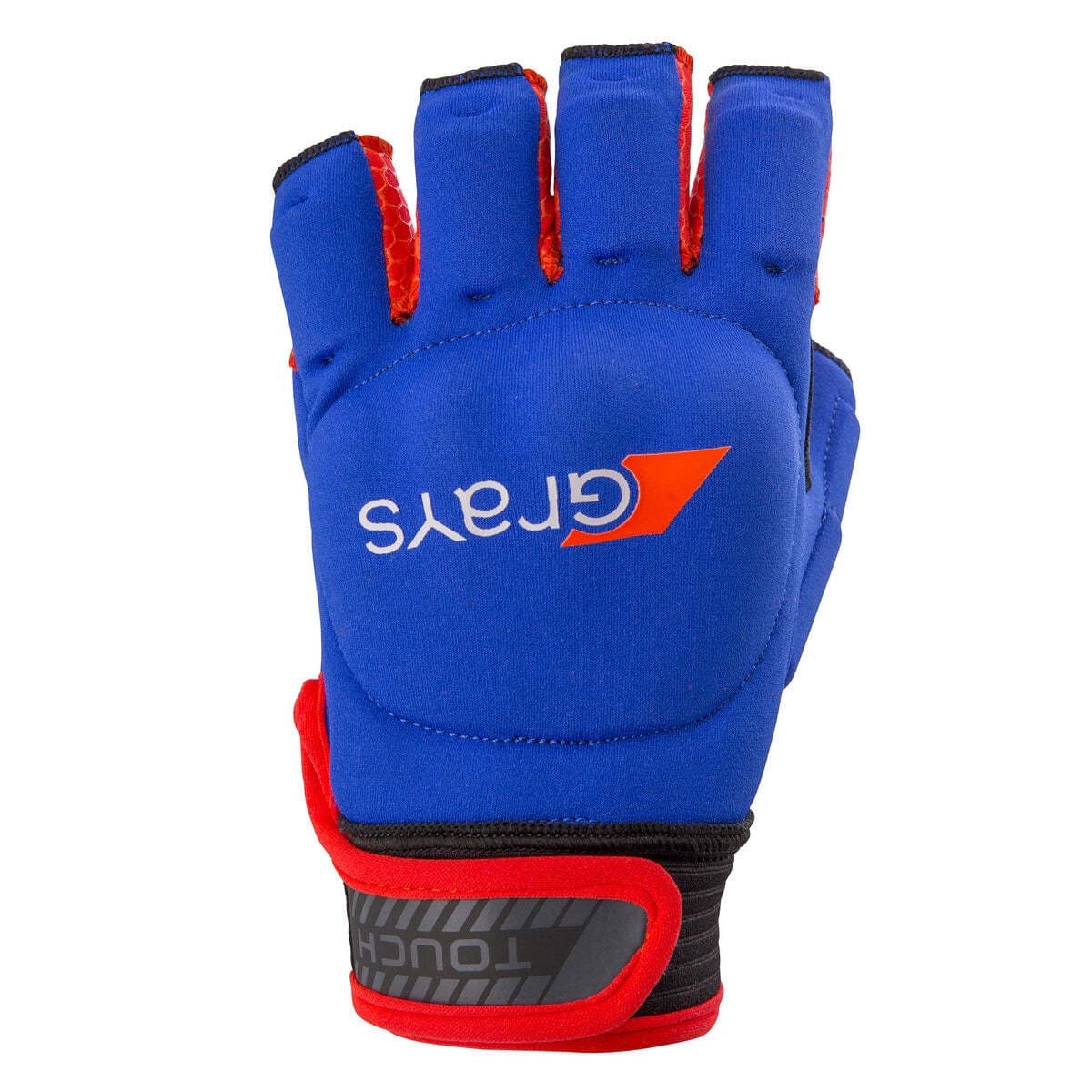 Black hockey glove with a padded palm, red accents, and the "Grays" logo prominently displayed on the back, designed for enhanced grip and protection.