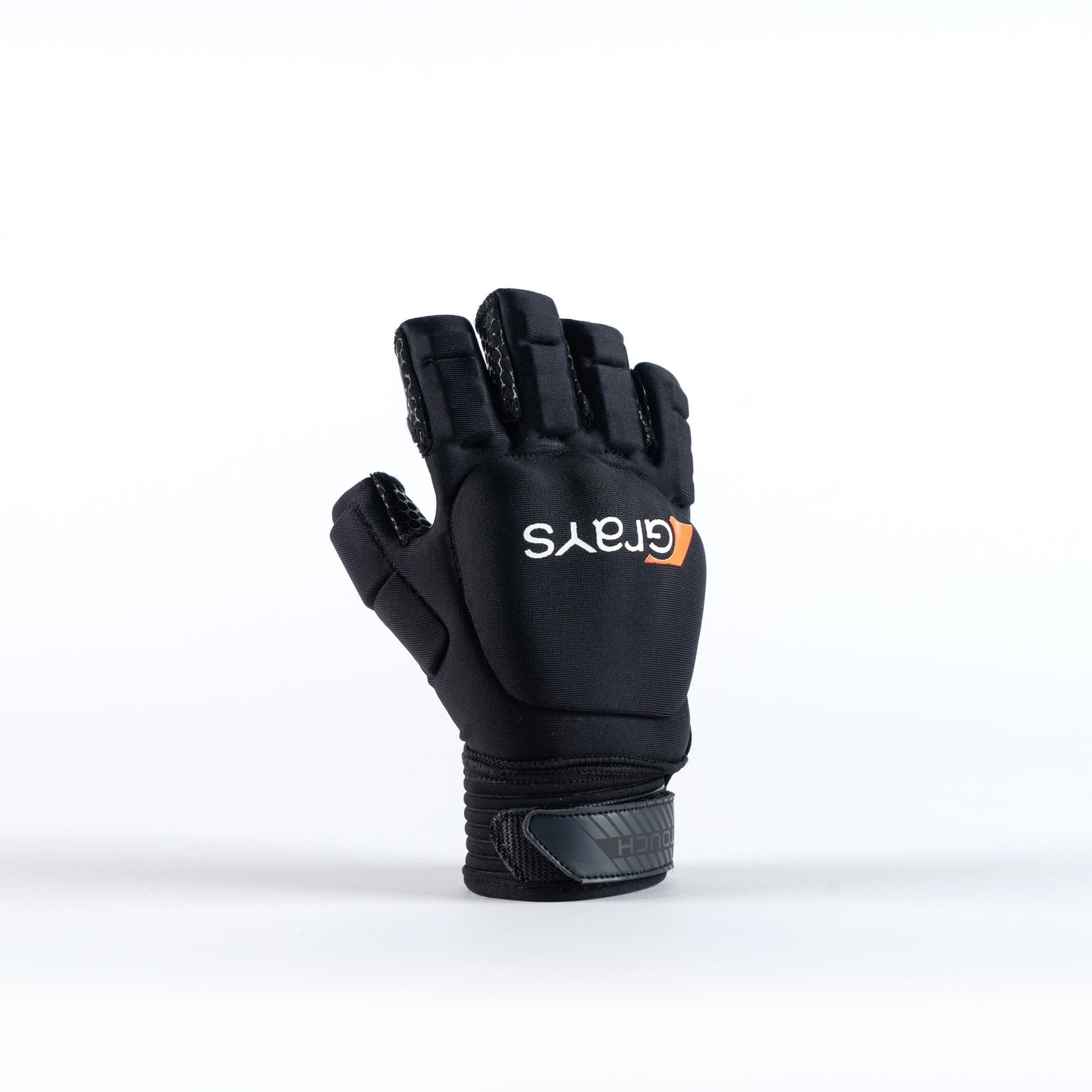 Black Grays Touch Glove featuring a textured grip, padded palm, and adjustable wrist strap, ideal for hockey players seeking enhanced control and protection.
