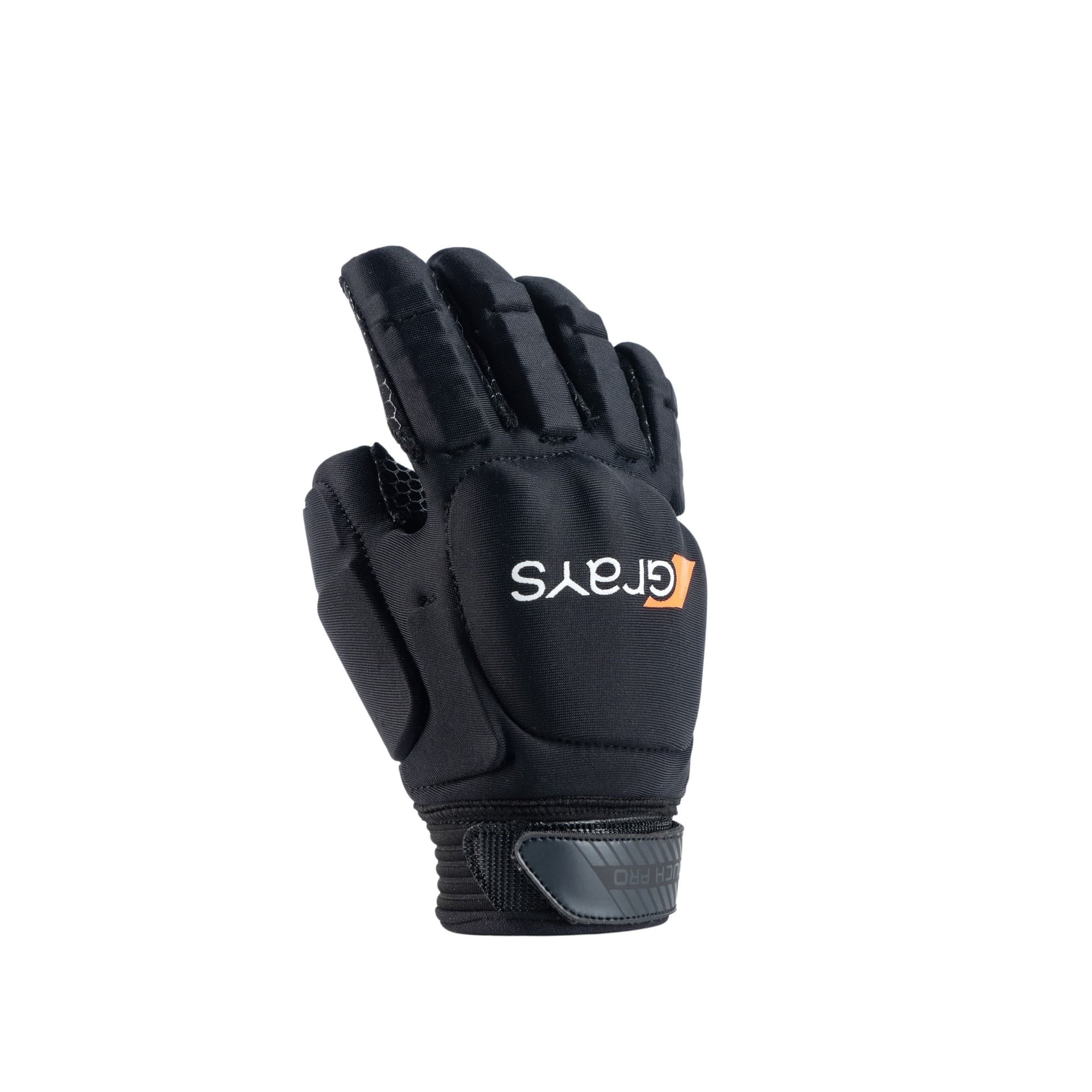 Black Grays Touch Pro Glove featuring a padded palm, flexible fingers, and a secure wrist strap, designed for optimal grip and protection in hockey.
