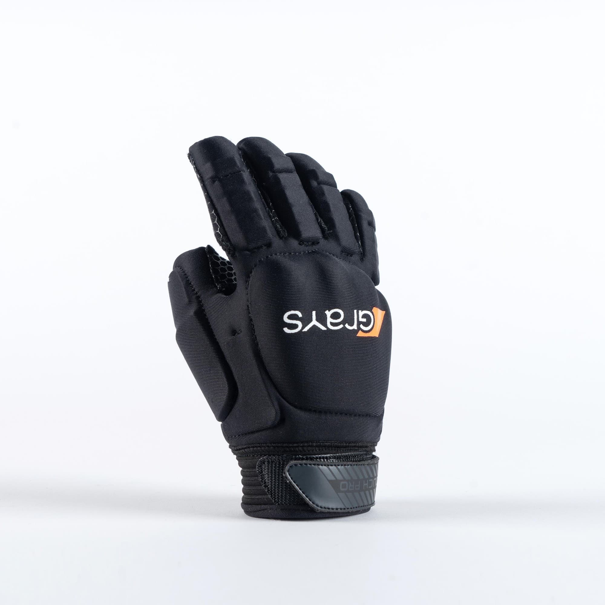 Black Grays Touch Pro Glove featuring padded fingers, a textured grip, and a Velcro wrist strap, designed for enhanced performance in hockey.