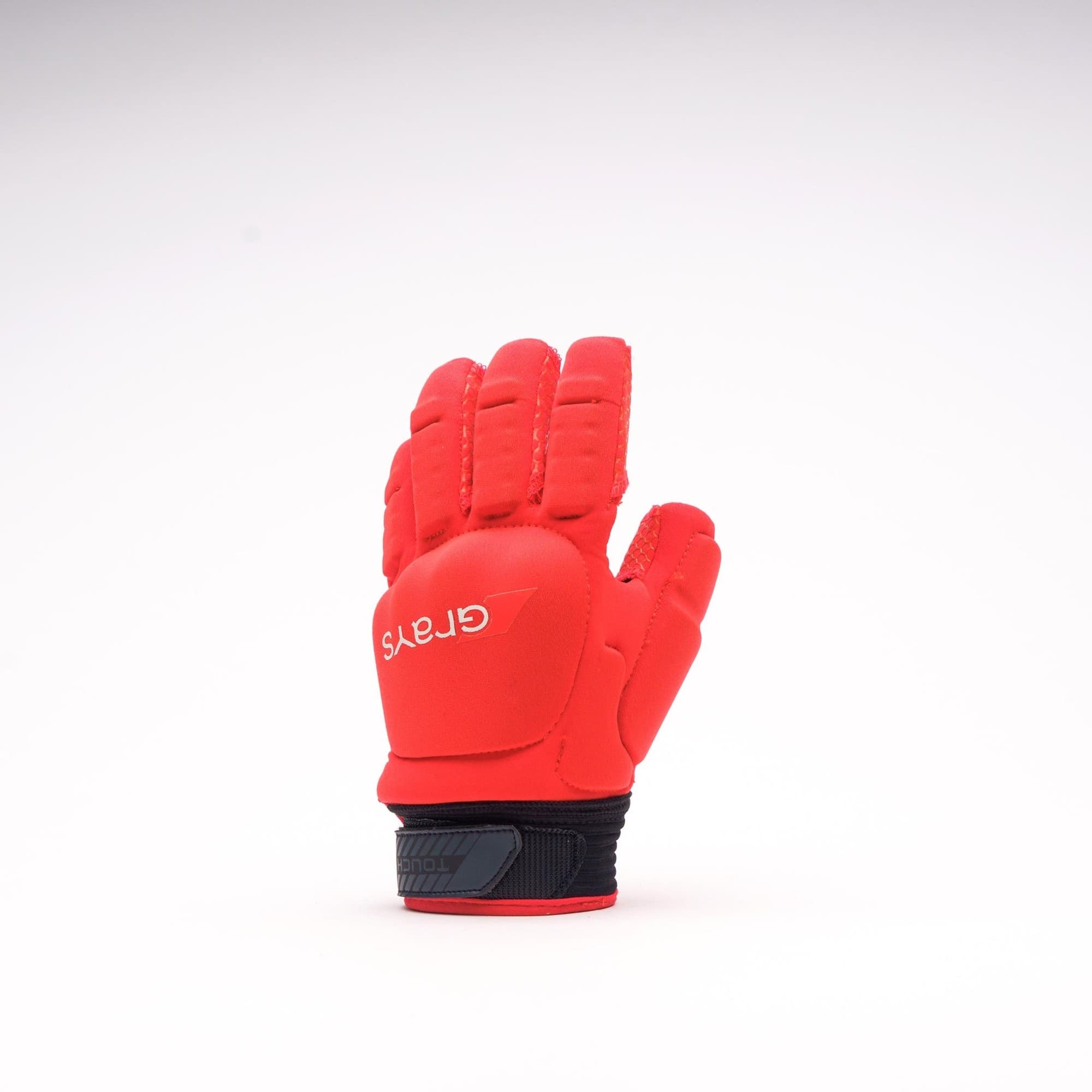 Black Grays Touch Pro Glove featuring a padded palm, flexible fingers, and a secure wrist strap, designed for optimal grip and performance in hockey.