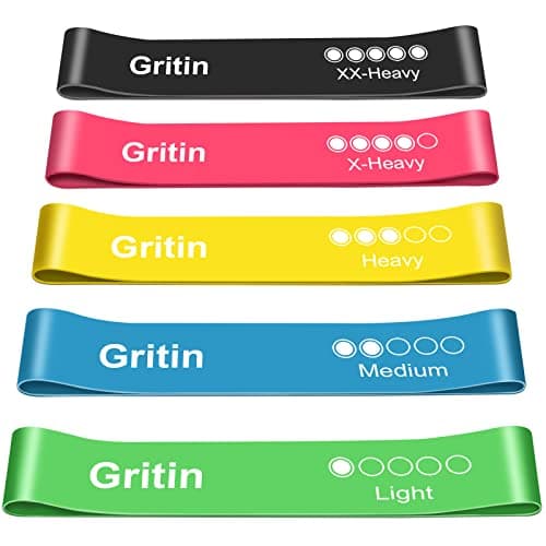 Set of 5 Gritin resistance bands in black, pink, yellow, blue, and green, each labeled with resistance levels, made from skin-friendly material, designed for fitness exercises.