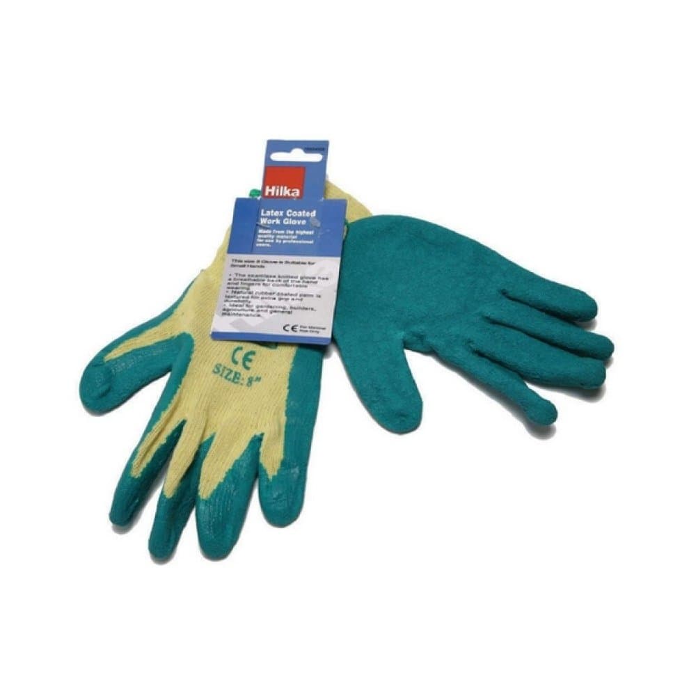 Latex-coated green gloves with a yellow cuff, marked "Size 8," featuring a textured grip for enhanced handling and durability.