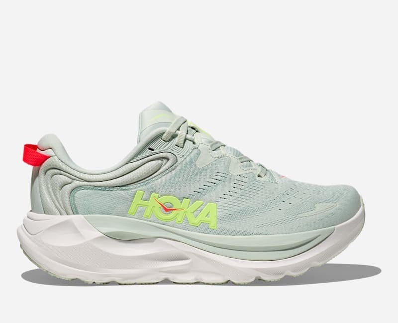 Women's HOKA Gaviota 6 running shoes in sea glass and sage, featuring a lightweight mesh upper, cushioned sole, and vibrant neon accents.