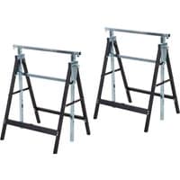 Black steel folding sawhorses with adjustable telescopic legs and sturdy frame, set of two for carpentry and DIY tasks.