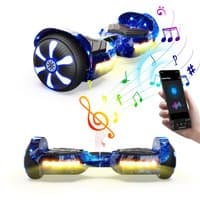 Blue iHoverboard H2 Bluetooth hoverboard with LED lights, musical notes, and smartphone connectivity.