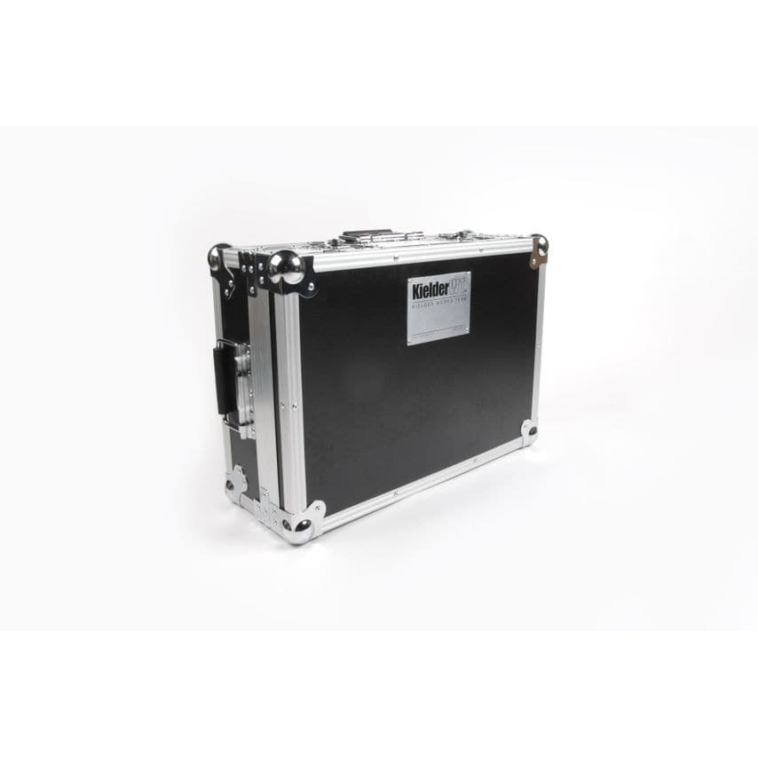 Kielder Tool Flight Case System in black aluminum with silver accents, featuring reinforced corners, a sturdy handle, and a label on the front for identification.