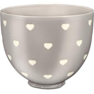 Ceramic bowl with a capacity of 4.7 liters, featuring a soft gray exterior adorned with small, white layered heart patterns.