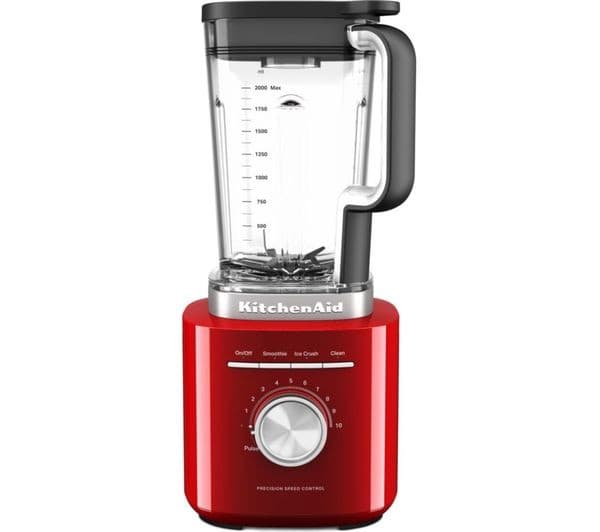 KITCHENAID Pure Power Blender in Empire Red features a clear glass pitcher with measurement markings, a black handle, and a silver control panel with precision speed settings.