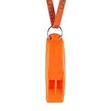 Orange Lifesystems safety whistle with lanyard, rectangular shape, dual sound chambers for outdoor signalling.