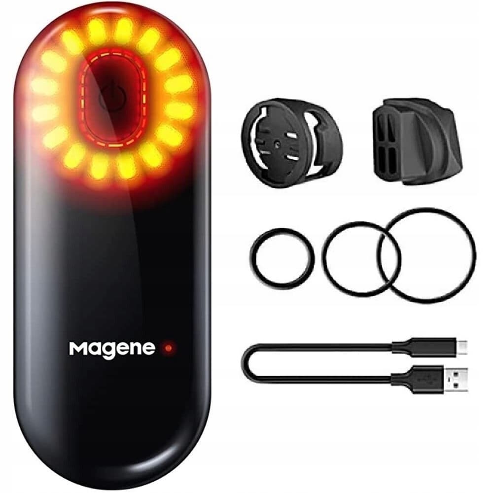 Magene L508 Radar Tail Light features a sleek black design with a circular array of bright red LEDs, includes mounting accessories, and a USB charging cable.