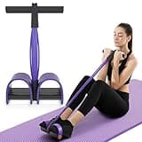 Purple 6-tube pedal resistance band with black handles, used for sit-up and leg exercises, shown on a yoga mat.
