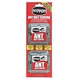 Red and silver Nippon Ant Stop bait stations, rectangular with black and white text, packaged in a vertical blister pack.
