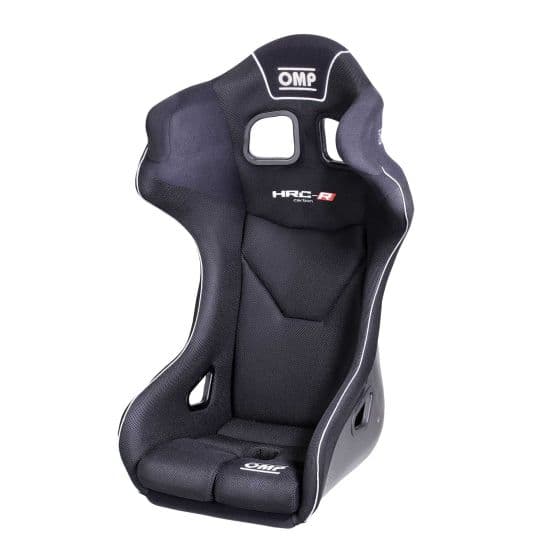 Black carbon racing seat with a high back, featuring mesh fabric, side bolsters for support, and white stitching, labeled "OMP HRC-R" in the upper section. Size small.