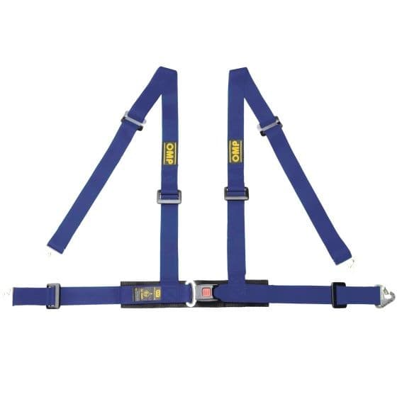 Blue OMP Road 4M harness featuring durable straps, adjustable buckles, and a central release mechanism, designed for safety and comfort in motorsport use.