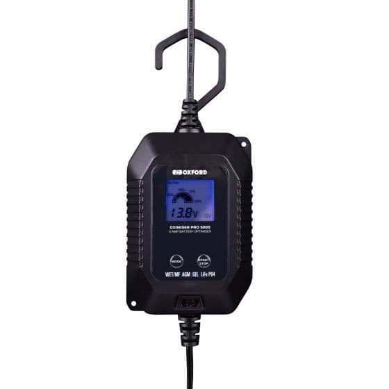 Black Oxford EL204EU battery charger with a digital display showing voltage, featuring a hook for hanging and multiple indicator lights for charging status.