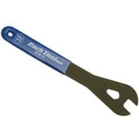 Blue-handled Park Tool SCW 17mm cone wrench with a slim, angled steel head and hole for hanging.
