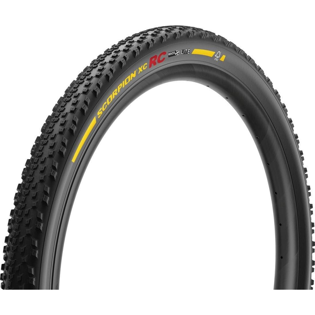 Black 29x2.4 inch Pirelli Scorpion Race XC RC mountain tire with a folding design, tubeless ready, featuring a race XC compound and 120 TPI for enhanced performance.