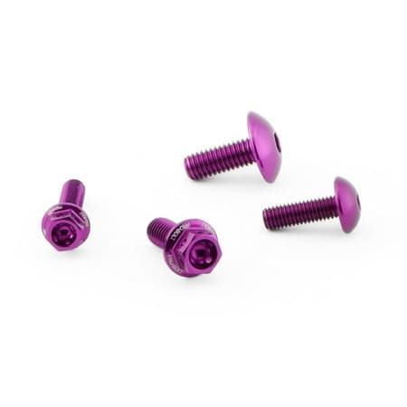 Purple anodized aluminum brake reservoir mount bolt kit featuring four bolts with hex and rounded heads, designed for durability and style.