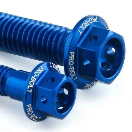 Pro-Bolt Aluminium Rear Brake Reservoir & Master Cylinder Bolt Kit in vibrant blue, featuring hexagonal heads and engraved branding for enhanced grip and style.