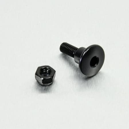 Black aluminium rear brake reservoir mount bolt kit featuring a sleek bolt with a rounded head and matching nut, designed for durability and performance.