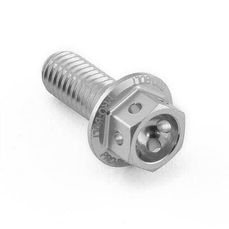 Silver aluminum rear brake reservoir mount bolt with a hexagonal head and threaded shaft, featuring a polished finish and engraved branding.
