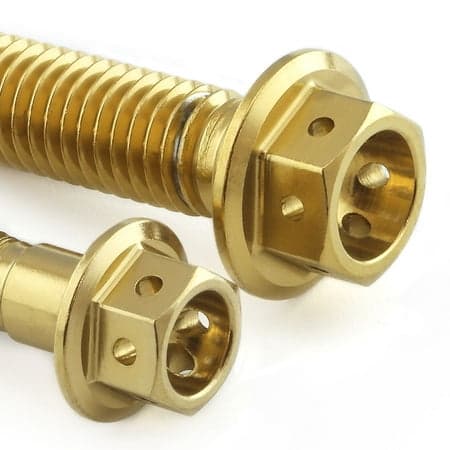 Gold stainless steel rear brake reservoir and master cylinder bolt kit featuring hexagonal heads and precision threading for enhanced durability and performance.