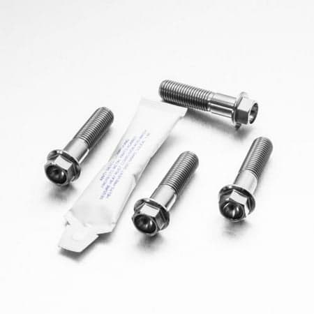 Silver titanium front brake caliper mounting bolts with hex heads, featuring a smooth finish, accompanied by a small packet of assembly lubricant.