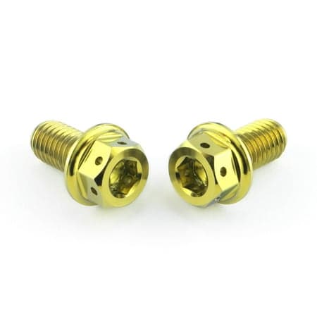 Gold titanium rear brake caliper mounting bolts with hexagonal heads and a polished finish, designed for durability and lightweight performance.