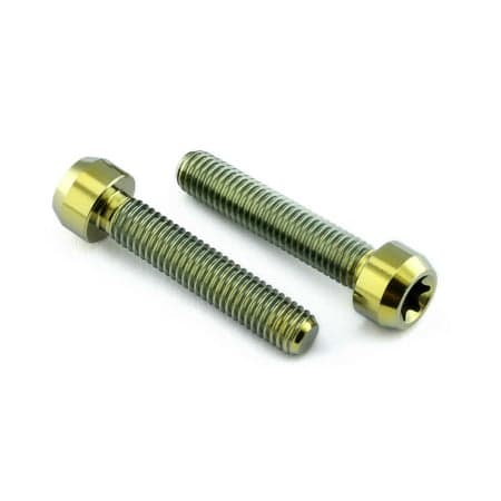 Gold titanium rear brake caliper pinch bolt kit featuring two bolts with a sleek, shiny finish and hexagonal heads, designed for durability and performance.