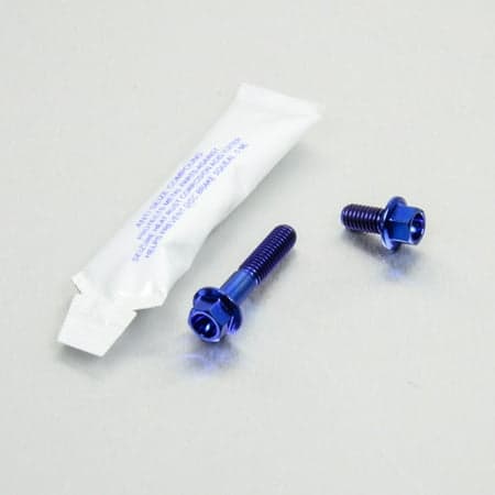 Pro-Bolt Titanium Rear Brake Disc & Caliper Guard Mount Bolt Kit in blue, featuring two blue titanium bolts and a small packet of adhesive.
