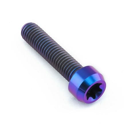 Purple titanium rear brake lever pivot bolt with a hexagonal socket head and finely threaded shaft, showcasing a vibrant metallic finish.
