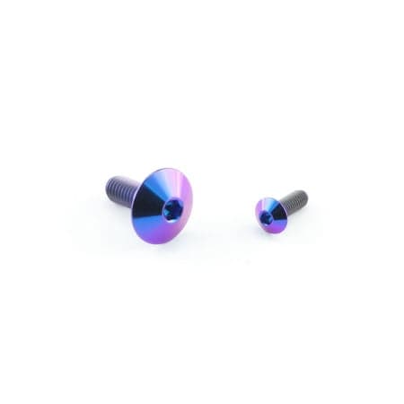 Purple titanium rear brake reservoir mount bolts with a shiny finish, featuring a rounded head and hex socket design, available in two sizes.